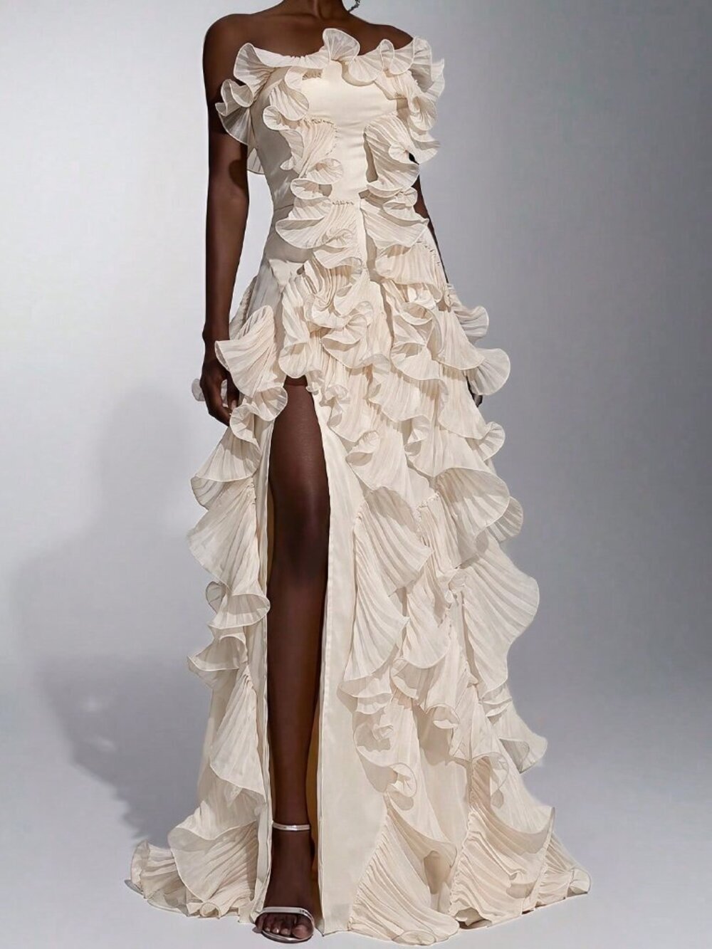 Apricot Beaded Women's Mermaid A-Line Dress with Slit, Ruffle & Lace